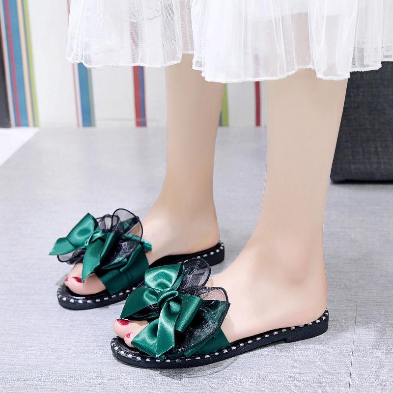 Slippers women wear 2022 summer new Korean version of students' bow tie one-word slippers flat-soled sandals