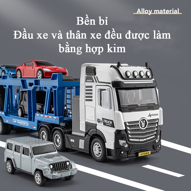 Đồ chơi xe đầu kéo vận chuyển 4 xe ô tô bằng hợp kim nguyên khối có nhạc và đèn chạy cót