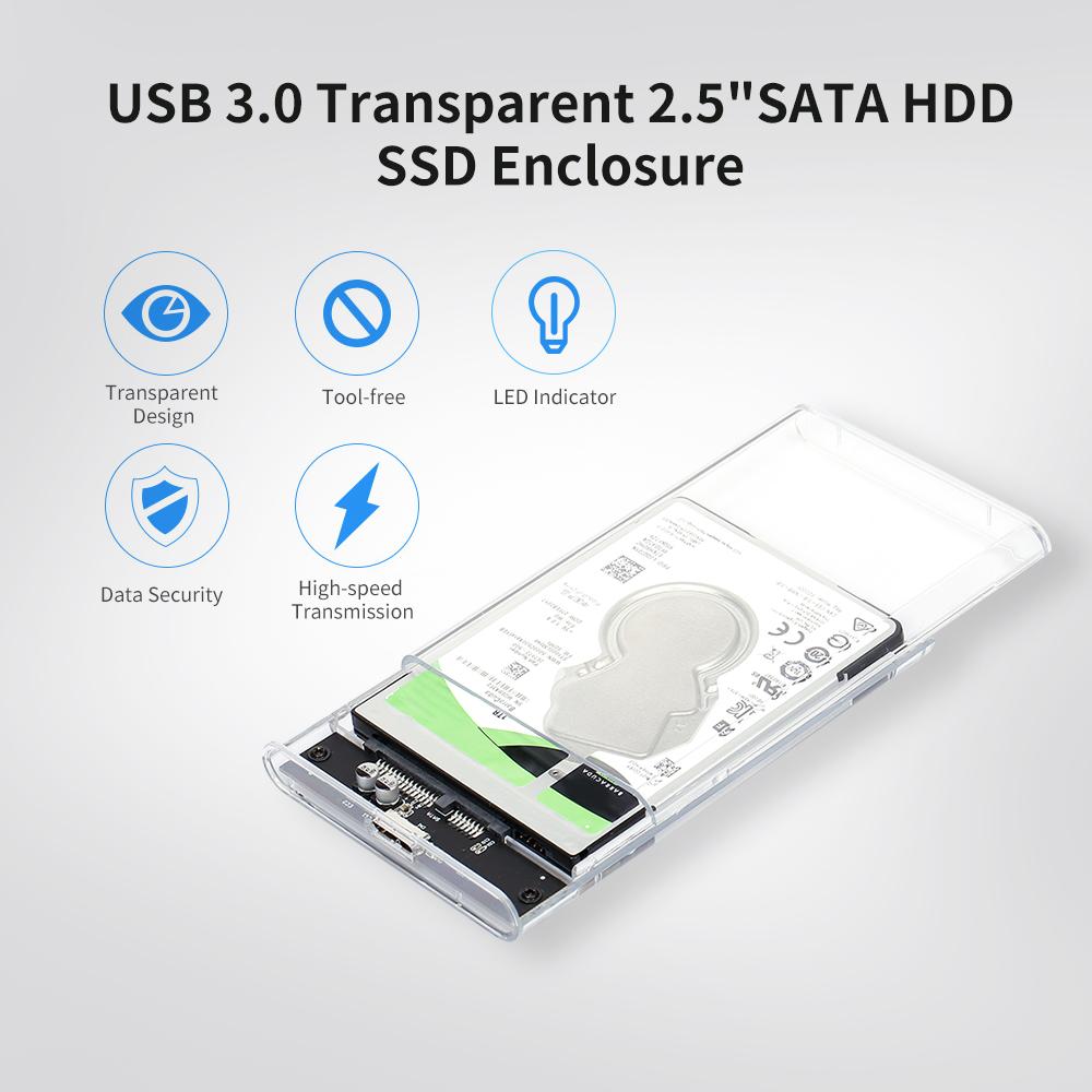 Hộp đựng ổ cứng trong suốt USB3.0 cho ổ cứng truyền tốc độ cao 2,5 '' 7-9,5mm SATA