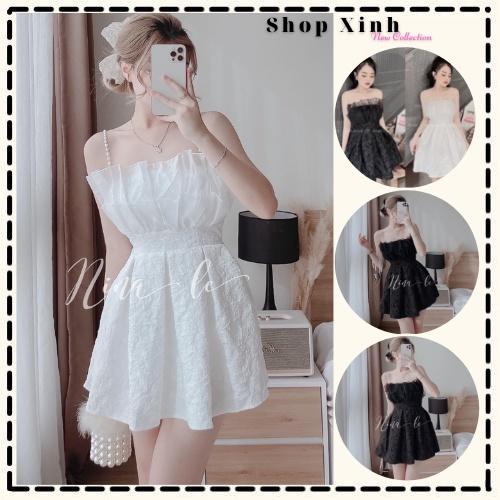 Đầm Gấm Hoa 2 Dây Ngọc Chun Lưng Có Mút Ngực, Váy Gấm Hoa 2 Dây Vải Xốp Dây Ngọc Mút Ngực Sang Chảnh