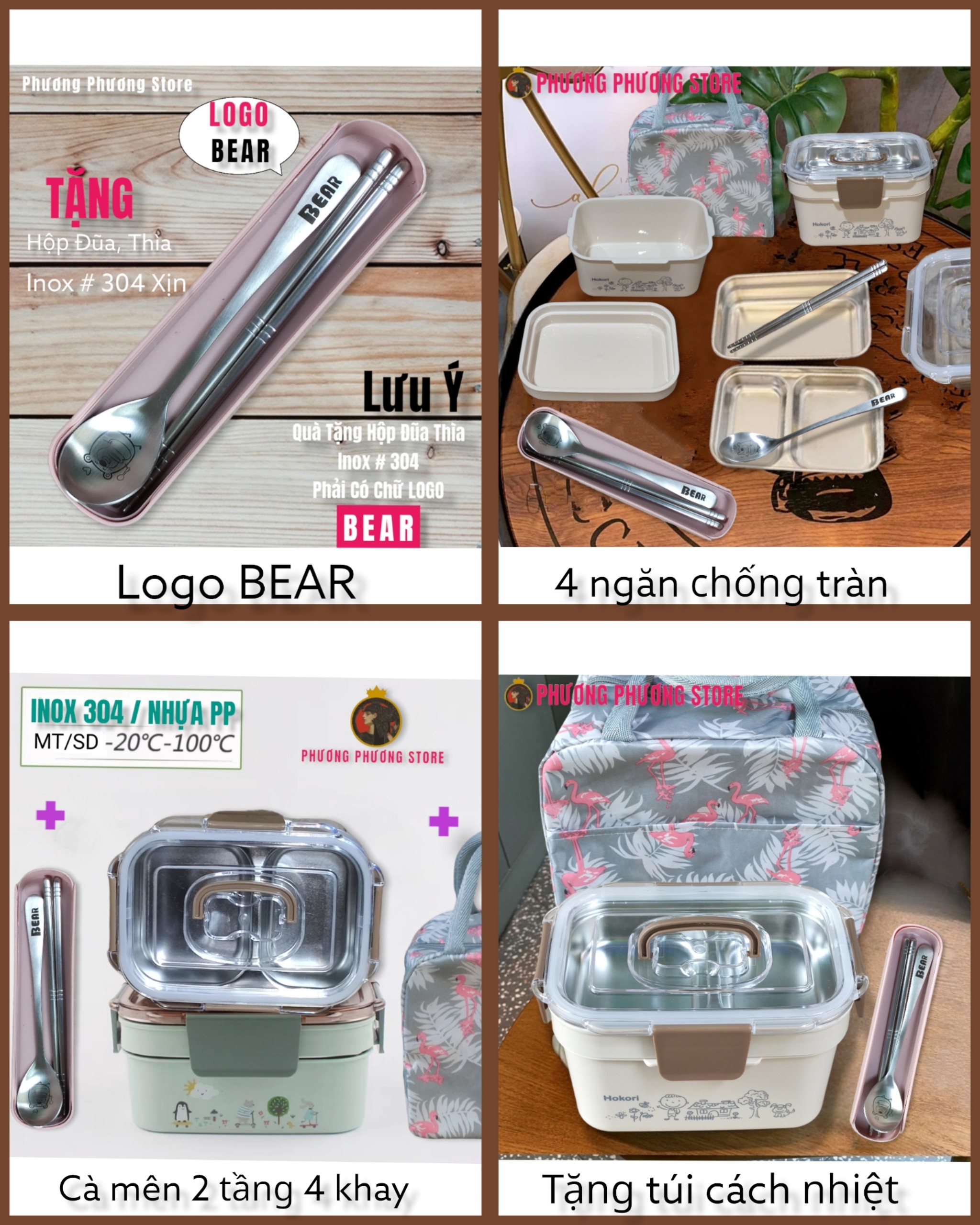 Cặp lồng inox 2.0L / ca men 2 tầng 4 khay cao cấp xem kỹ mô tả