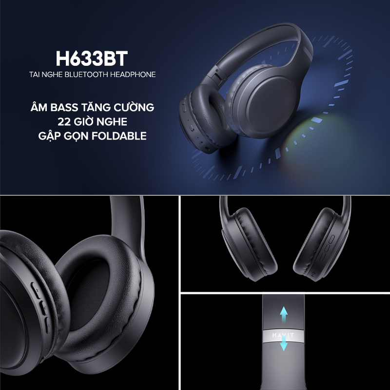 Tai Nghe Headphone Bluetooth HAVIT H633BT, Kiểu Dáng Công Thái Học, Nhỏ Gọn, Nghe Đến 22H - Hàng Chính Hãng