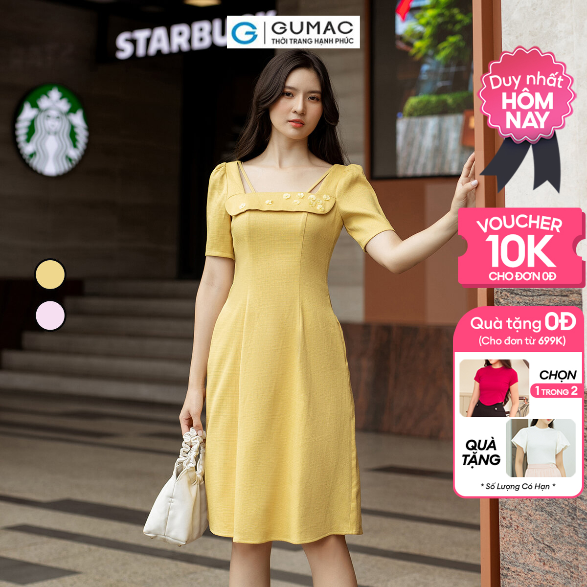 Đầm dáng xòe A cổ vuông đính hoa nữ tính sang trọng thanh lịch thời trang GUMAC DD06046