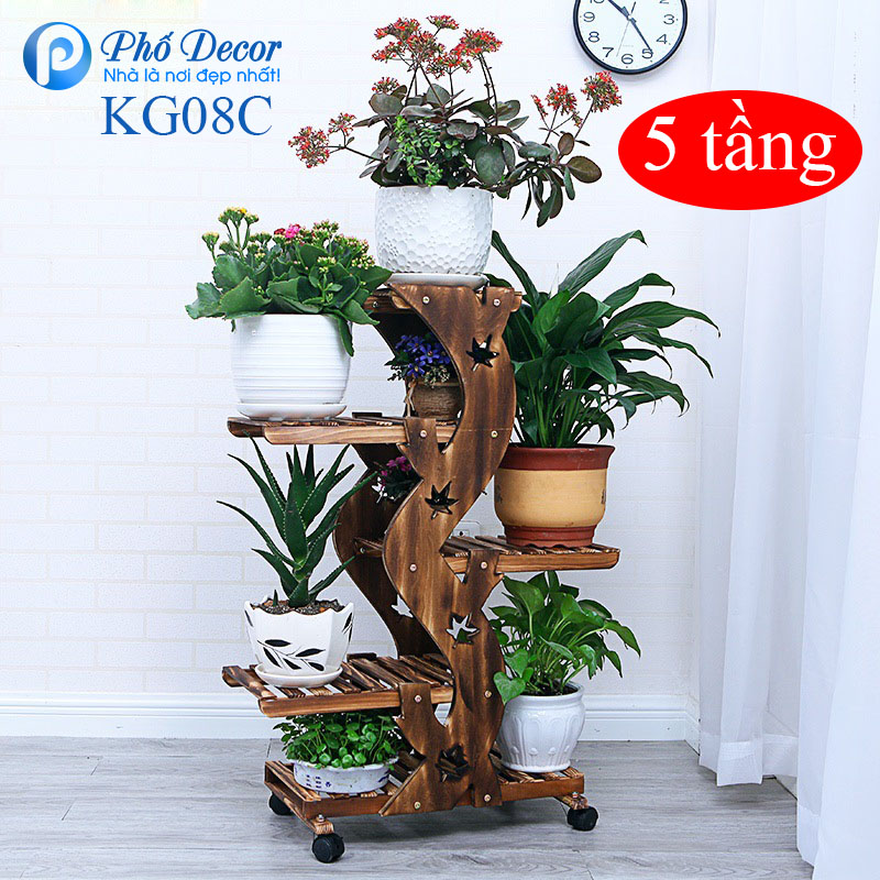 Kệ giá để trưng bày cây cảnh trang trí phòng khách 5 tầng có bánh xe Kệ để chậu cây trong phòng, ban công và ngoài trời Kệ Gỗ Keria KG08