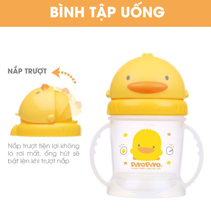 Bình tập uống Piyo Piyo nắp trượt hình chú vịt có hai tay cầm 250ml - PY830350