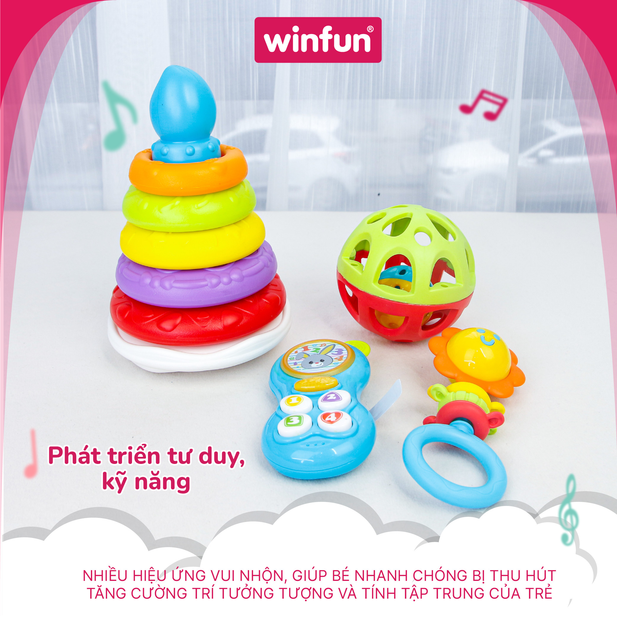 Set 4 đồ chơi sơ sinh cho bé - Tháp xếp chồng, lục lạc tập bò, gặm nướu, điện thoại cầm tay Winfun 3035-NL