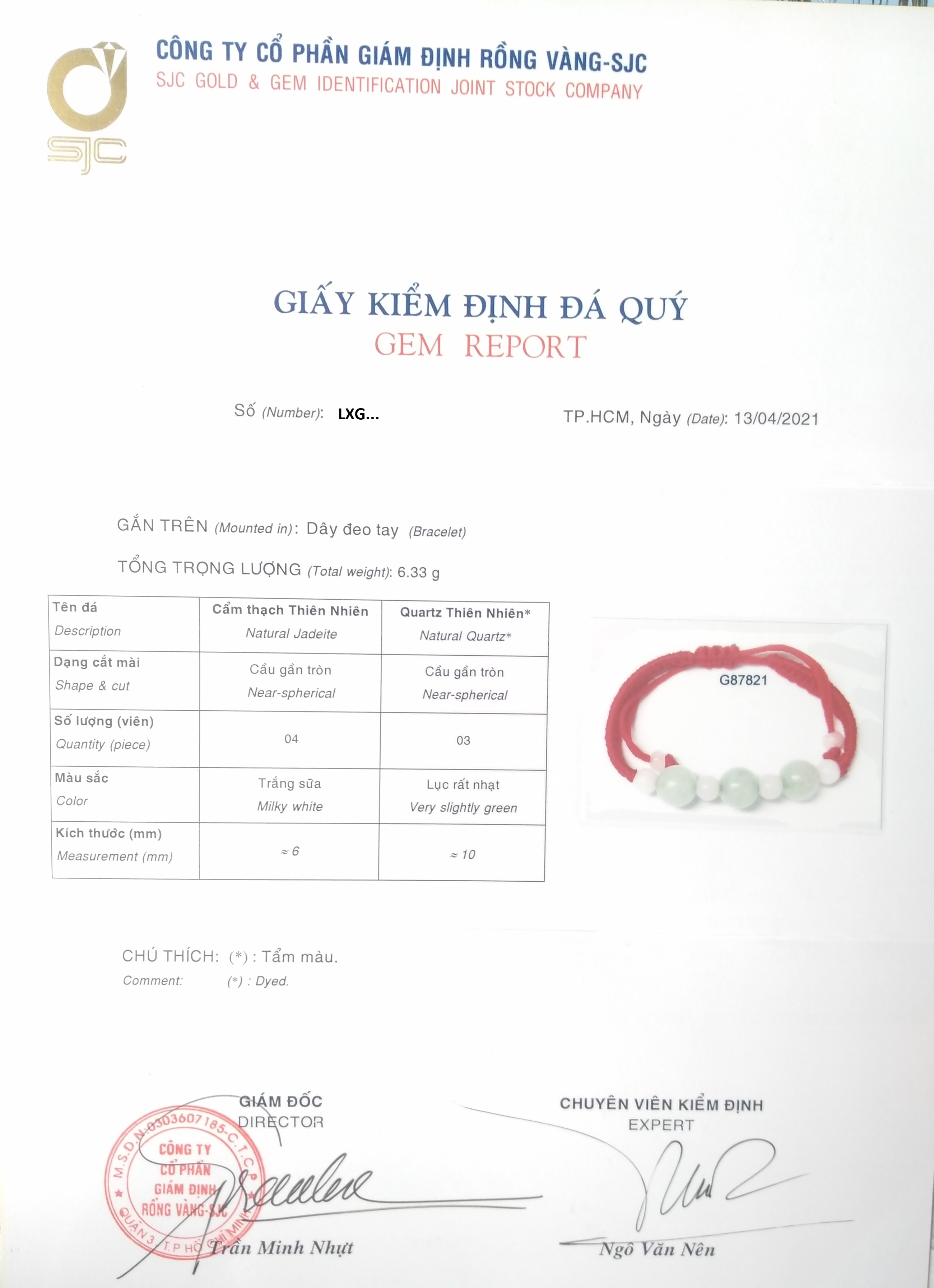 Combo Vòng đeo tay chỉ đỏ đính 7 hạt Ngọc Cẩm Thạch thiên nhiên 100%, Chu vi vòng 22cm, thiết kế co giãn, Kèm bản Photocopy GIẤY KIỂM ĐỊNH CỦA SJC LAB (Full mã số), KÈM túi đựng Cung Hỷ