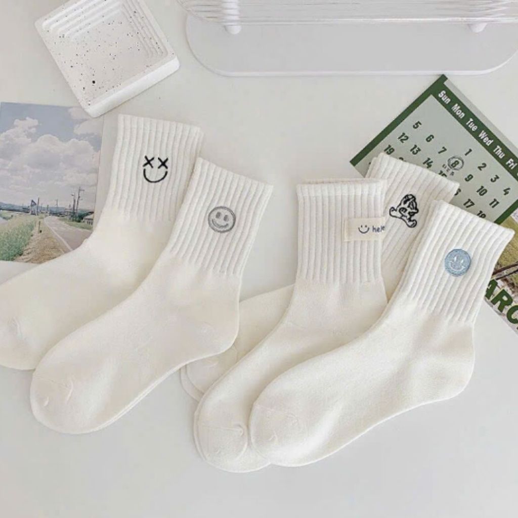 Set 10 Đôi Tất Trắng Họa Tiết Cổ Cao Phong Cách Hàn Quốc