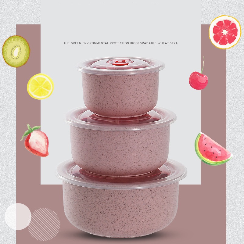 Bộ 3 hộp cơm tròn chất liệu nhựa lúa mạch có nắp có thể dùng cho lò vi sóng