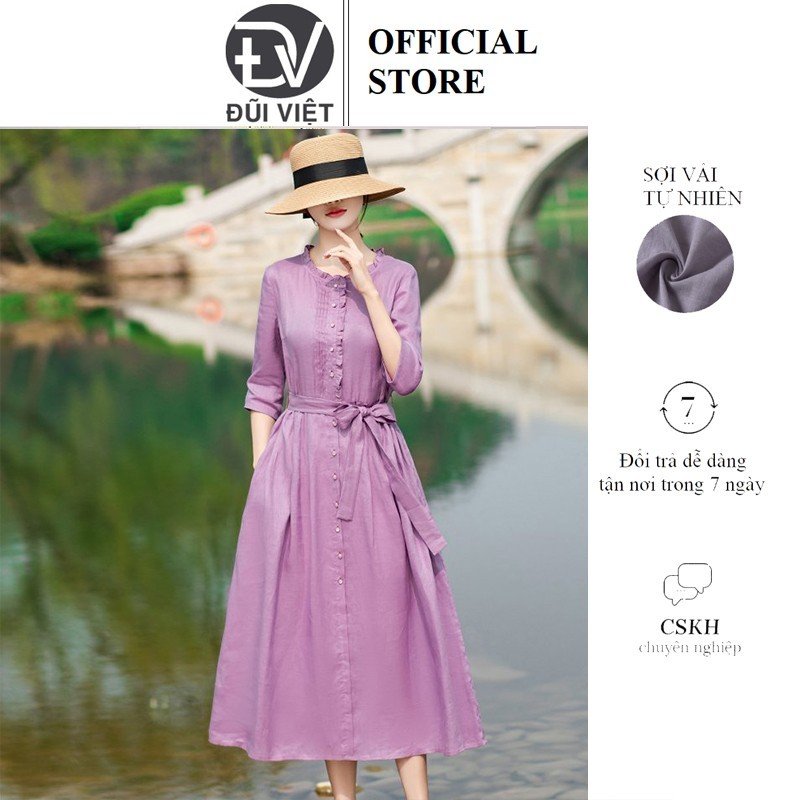 Đầm linen nữ cổ bèo nhăn, phối cúc, kiểu dáng Retro thời trang nữ Đũi Việt DVDA62