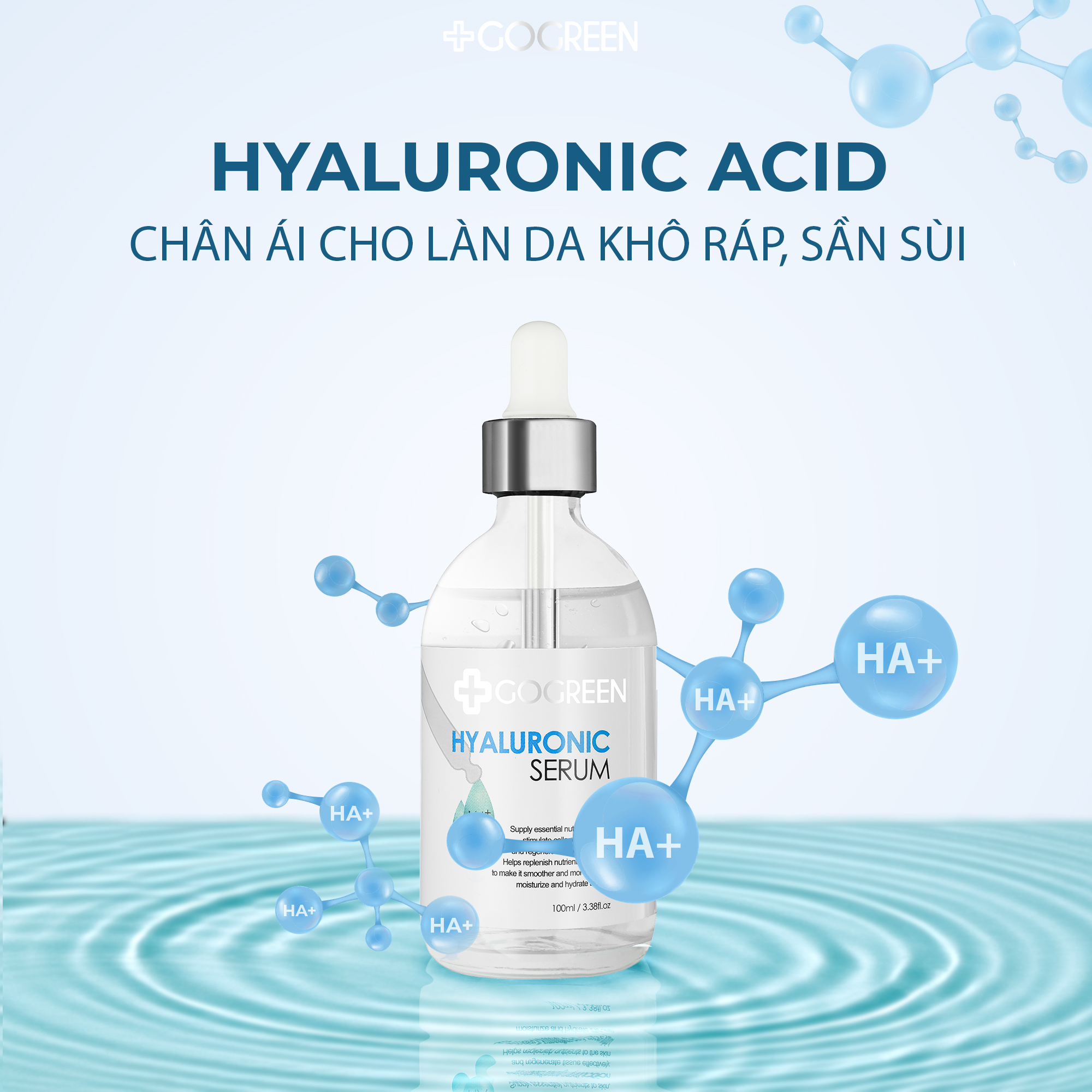 GoGreen Hyaluronic Serum– Serum HA – Cấp nước, giữ ẩm, kích thích sản sinh Collagen cho da – 100ml