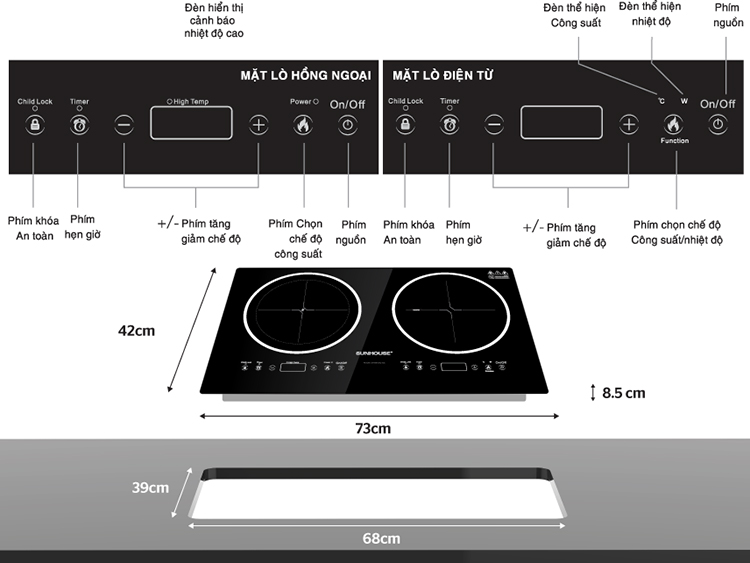 Bếp Âm Đôi Từ - Hồng Ngoại Sunhoue SHB9002-EC (70 cm) - Hàng Chính Hãng