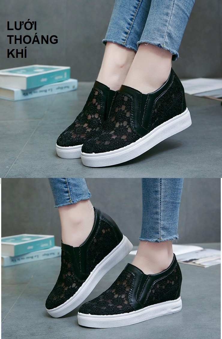 Giày độn đế nữ, giày slip on nữ đế độn lưới V10 phối ren hoa êm chân, hàng Quảng Châu loại 01 S080