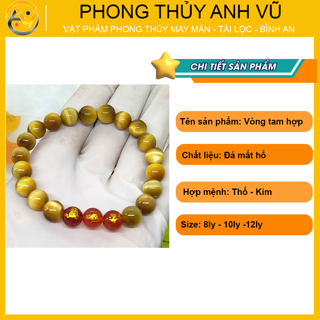 Vòng phong thủy mệnh thổ tam hợp thân tý thìn đã khai quang - chất liệu đá mắt hổ vàng tự nhiên - size 8 10 12ly - may mắn tài lộc - Vòng Tam Hợp Anh Vũ