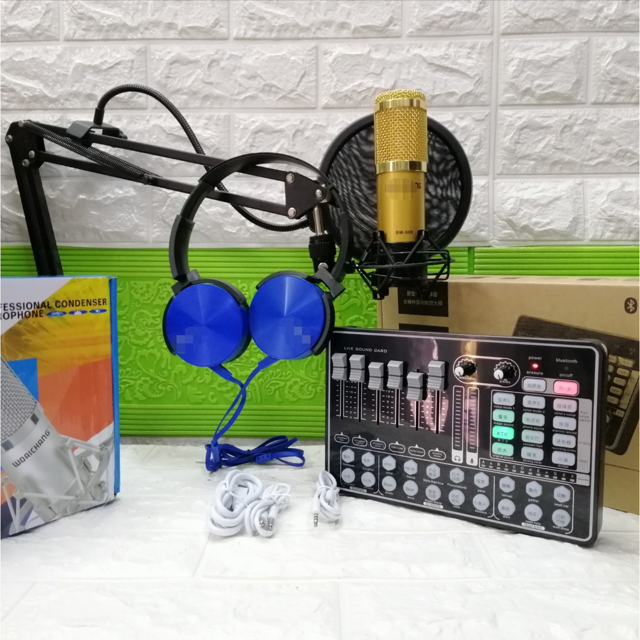 Combo thu âm live stream Sound card H9 và micro BM 900 đầy đủ phụ kiện kèm theo tặng tai phone ốp thời trang