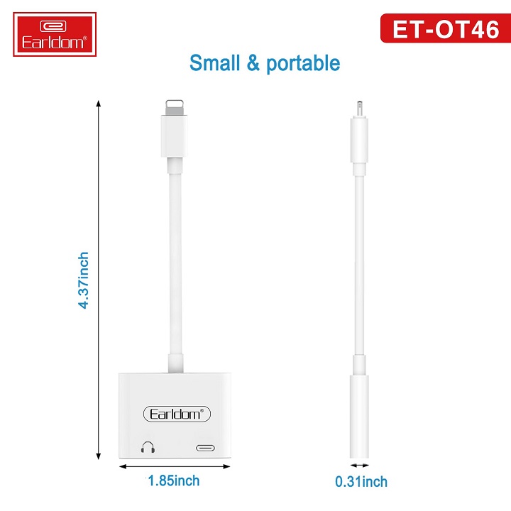 Dây Cáp Chuyển Đổi 2in1 Earldom ET-OT46 Chuyển Từ Lightning Sang 1 Cổng Lightning &amp; 1 Cổng 3.5mm Có Micro Đàm Thoại, Hàng Chính Hãng