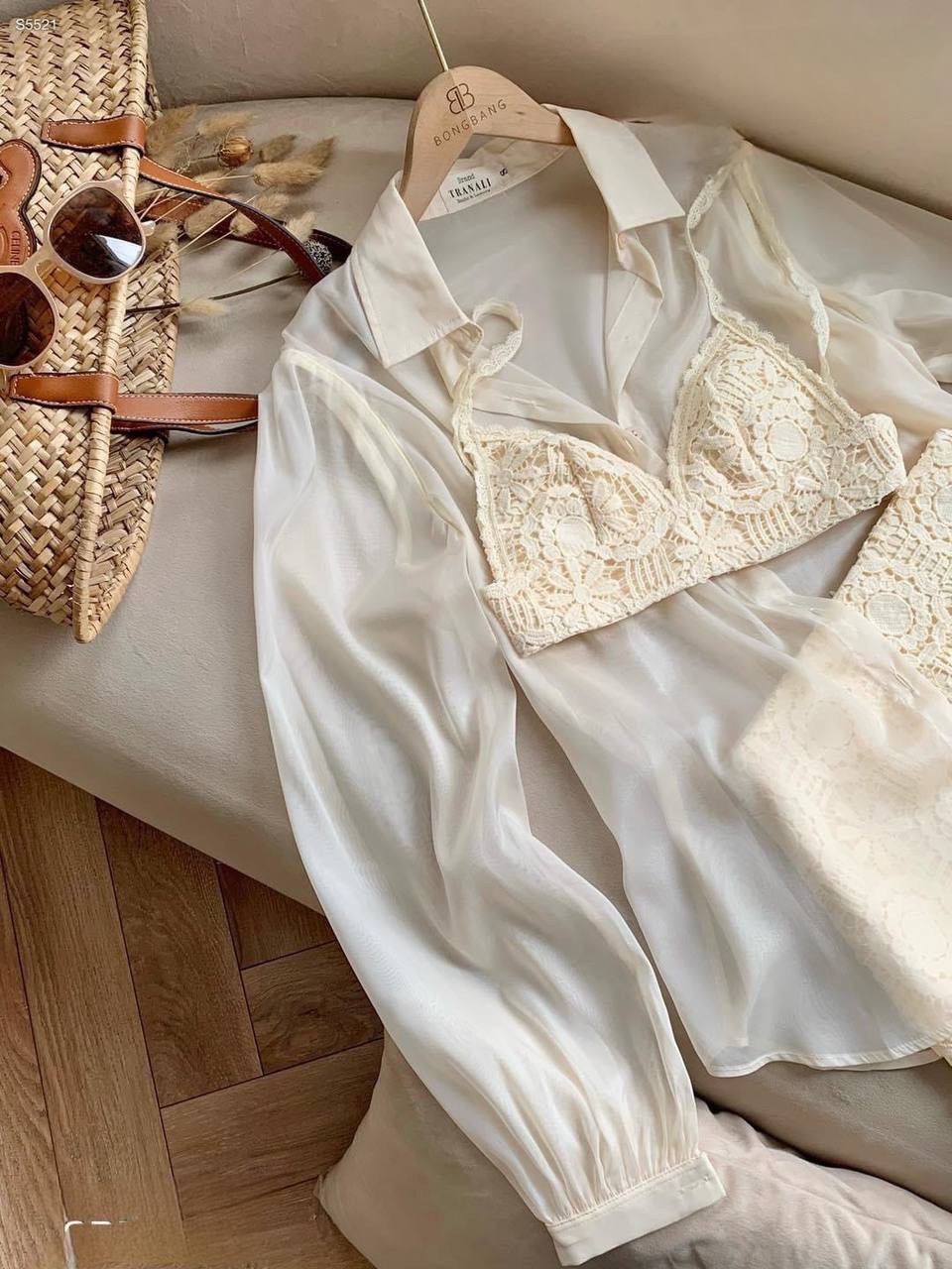 SET ÁO BIKINI BRA DÂY CROPTOP REN ĐI BIỂN + ÁO SƠ MI VOAN XUYÊN THẤU + CHÂN VÁY NGẮN CHỮ A ĐI TIỆC DẠO PHỐ ĐI CHƠI