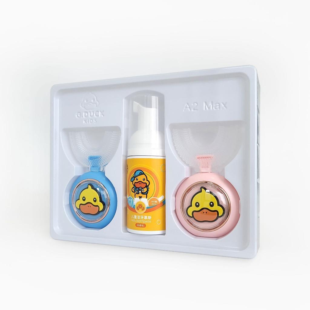 Set 2 Bàn Chải Chữ U Hình Vịt Vàng Kèm Kem Đánh Răng Cho Bé - Siêu Mềm và Dễ Thương