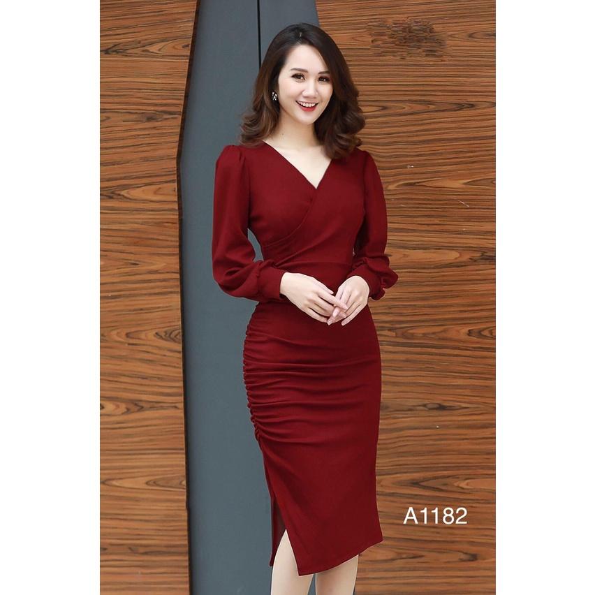 Váy body nhúm dáng ôm tay dài cổ tim CHERRY đầm body công sở sang trọng A1182