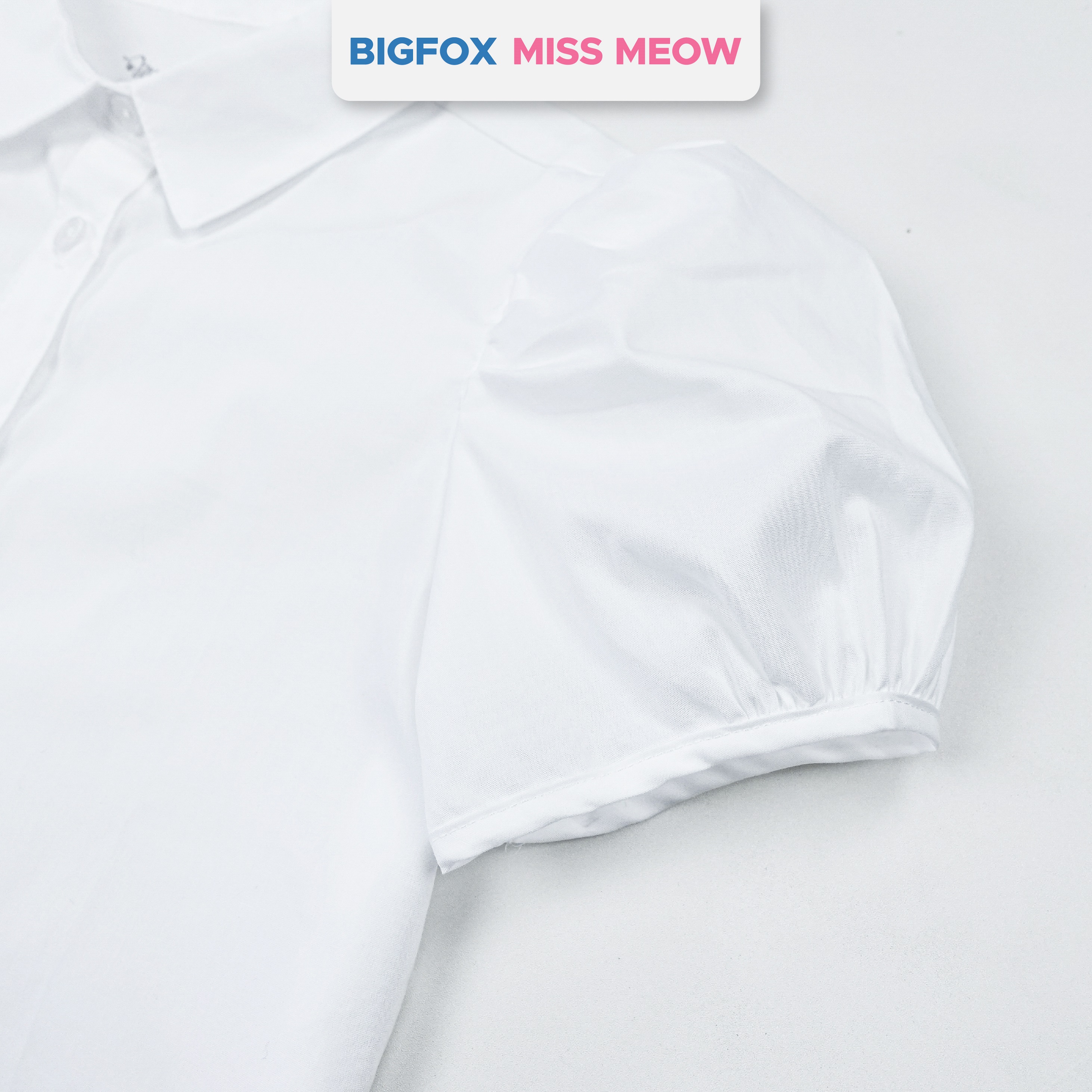 Áo sơ mi bé gái màu trắng Bigfox Miss Meow, áo cộc tay đồng phục đi học có cổ 6,9,11 tuổi 30kg 40kg