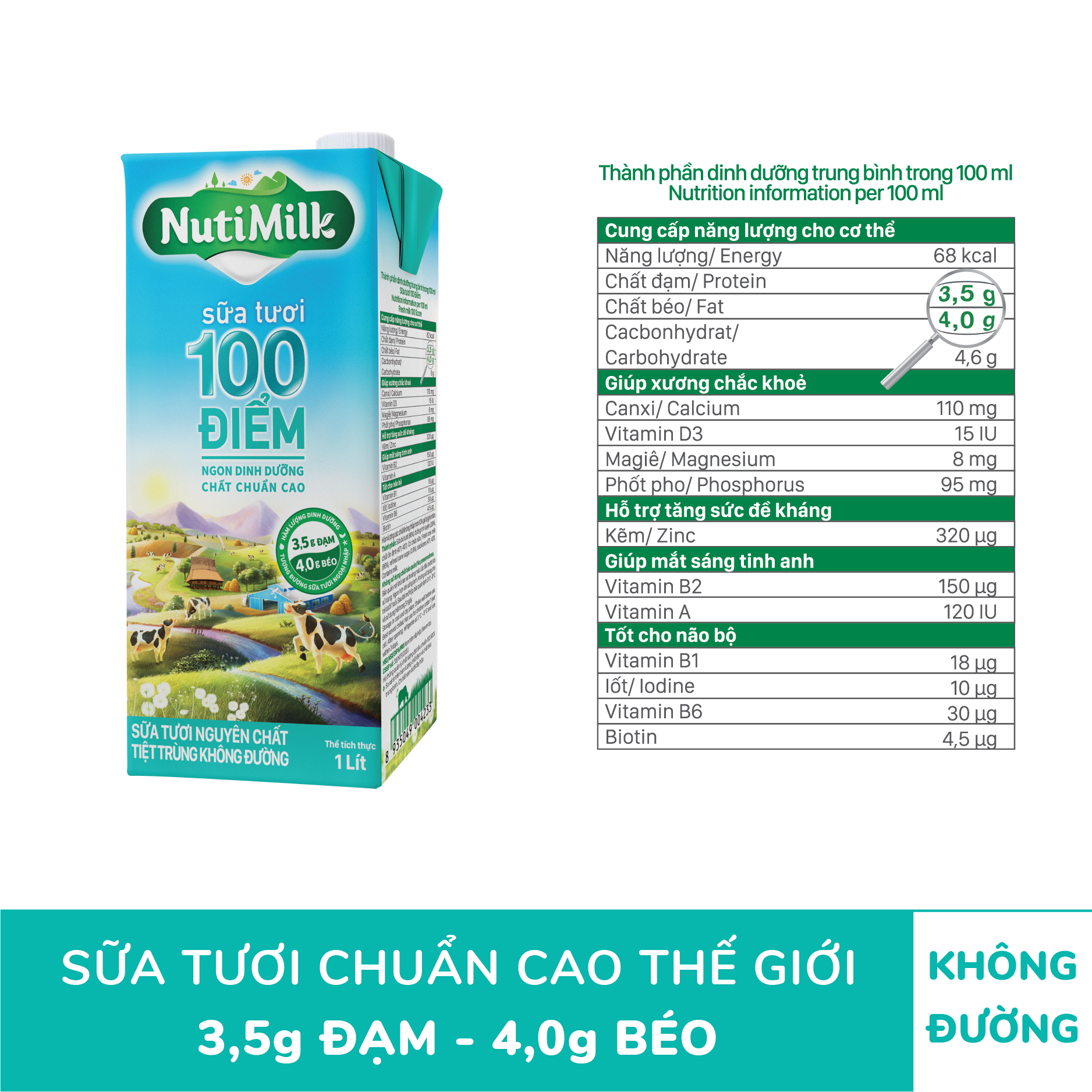 NutiMilk Sữa tươi 100 điểm - Sữa tươi tiệt trùng nguyên chất không đường Hộp 1 Lít STKD1LTI NUTIFOOD