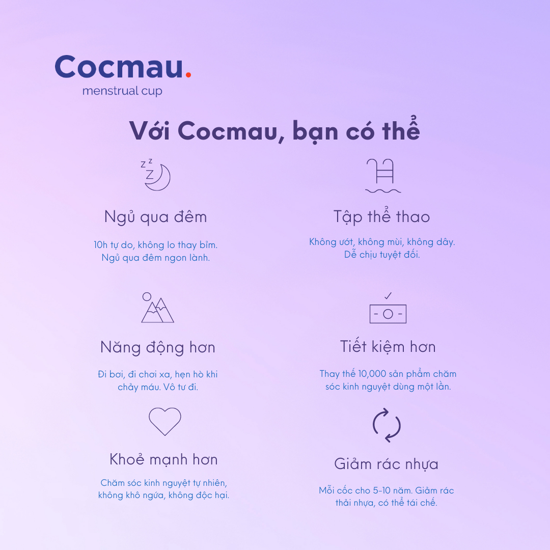 Cốc nguyệt san cải tiến Cocmau - Tím khoai môn - Cuống tròn dễ tháo - Thiết kế vành ẩn nhỏ gọn - 100% silicone y tế