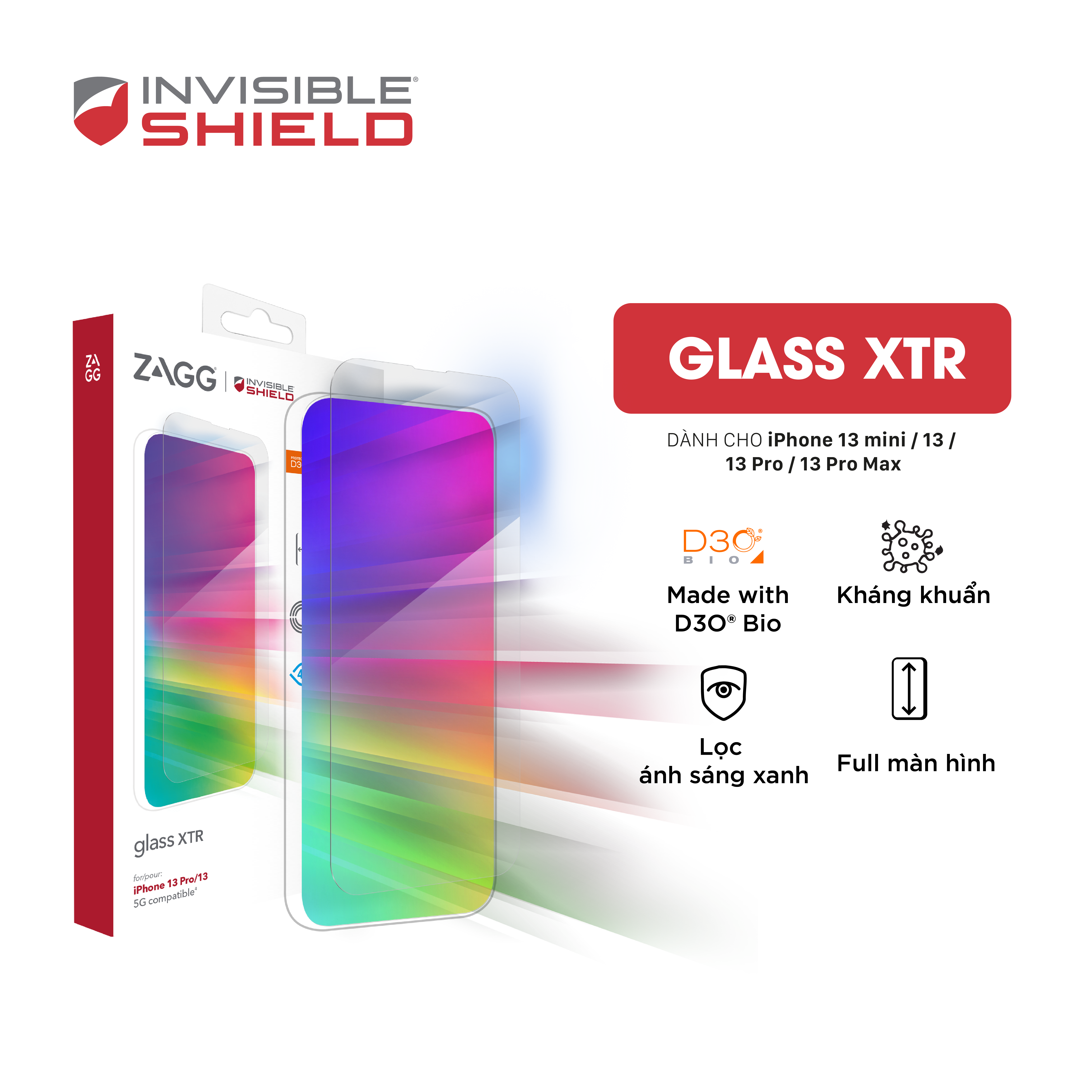 Kính dán màn hình InvisibleShield Glass XTR D3O cho iPhone 13 series - Hàng chính hãng