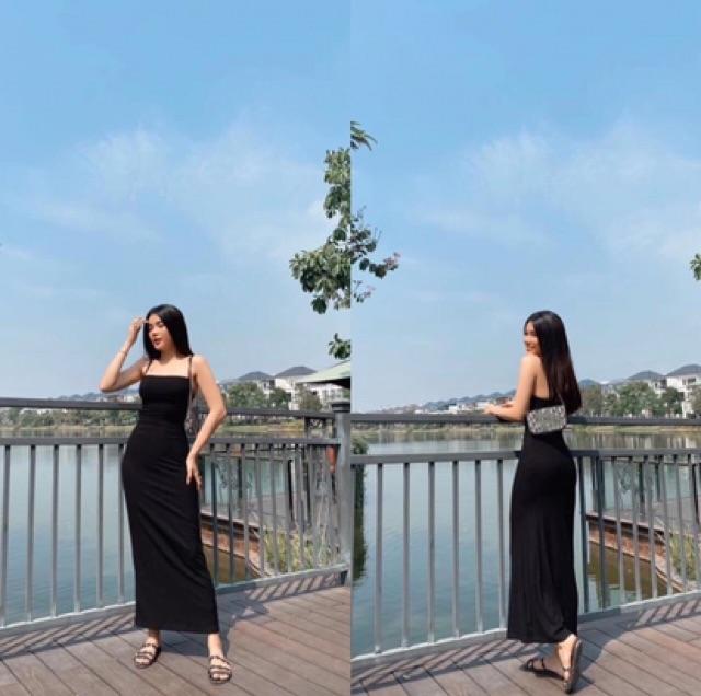 VÁY THUN DÂY XOÈ ĐEN DÁNG DÀI ĐẸP XUẤT SẮC