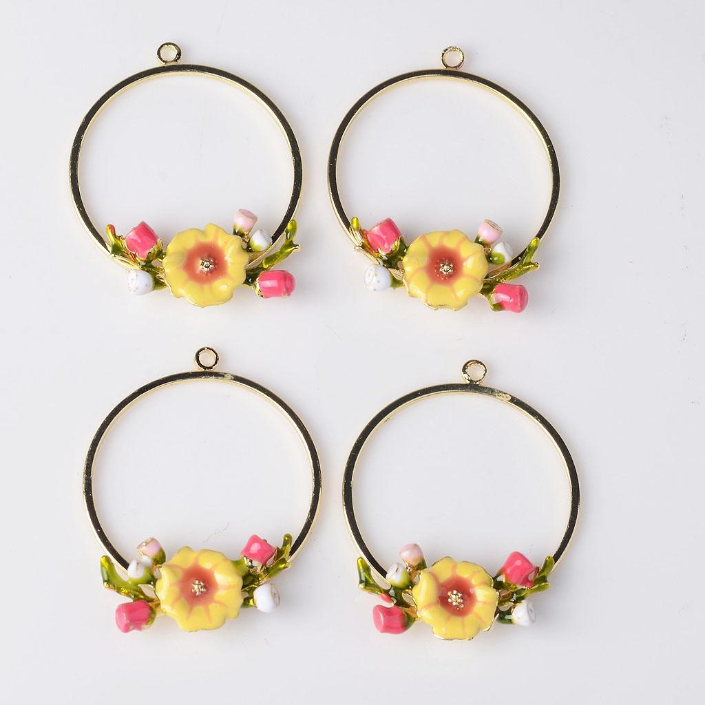 4 Pcs Gold Alloy Enamel Flower Charms Pendants DIY Jewelry Making Findings