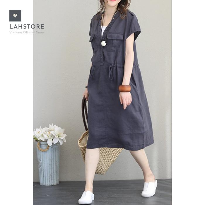 Đầm bầu linen cổ V túi hộp dây thắt eo LAHSTORE kiểu dáng Hàn Quốc