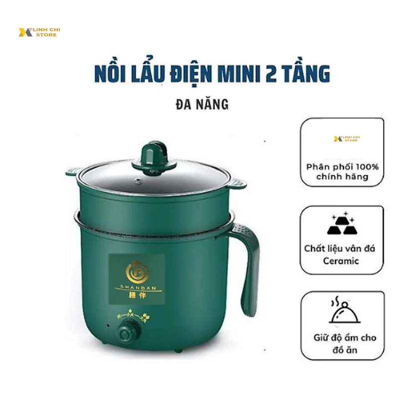 Nồi Lẩu Điện Đa Năng Mini Ca Nấu Mì, Cơm Đa Năng 2 Tầng Cao Cấp Núm Xoay 2 Nấc Nhiệt Kèm Giá Hấp 1,8L - giao mầu ngẫu nhiên