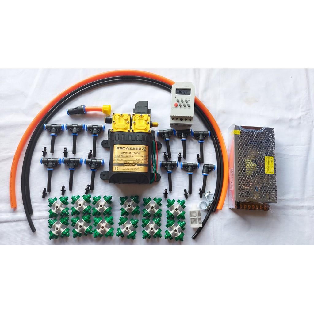 Bộ phun sương, tưới lan. Bơm đôi sinleader kèm nguồn 12V-10A. Bộ hẹn giờ 12 béc 4 hướng. 20m dây phun....