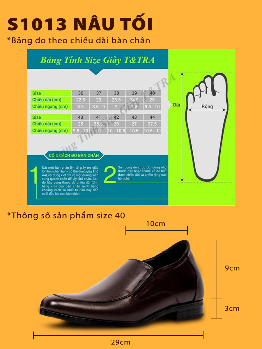 Giày Tăng Chiều Cao Nam T&TRA Tăng Cao 6Cm- S1013 Nâu Tối- Chất Liệu Da Bò Cao Cấp, Đế Cao Su Ghép- Đế Pháp, Phần Tăng Cao Ẩn Bên Trong