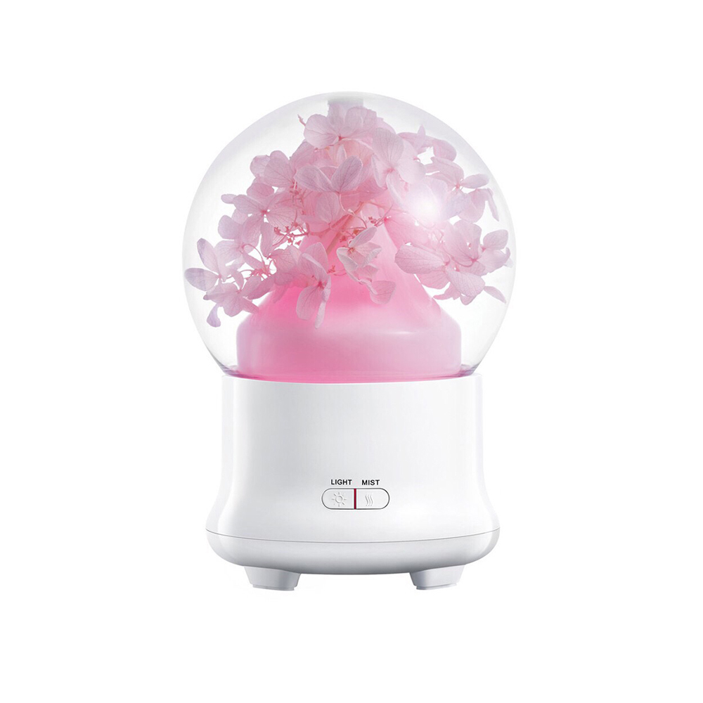 Máy phun sương mini Tú Cầu khuếch tán tinh dầu siêu âm tạo ẩm hoa khô, có đèn LED 7 màu, tặng kèm tinh dầu sả chanh Kobi