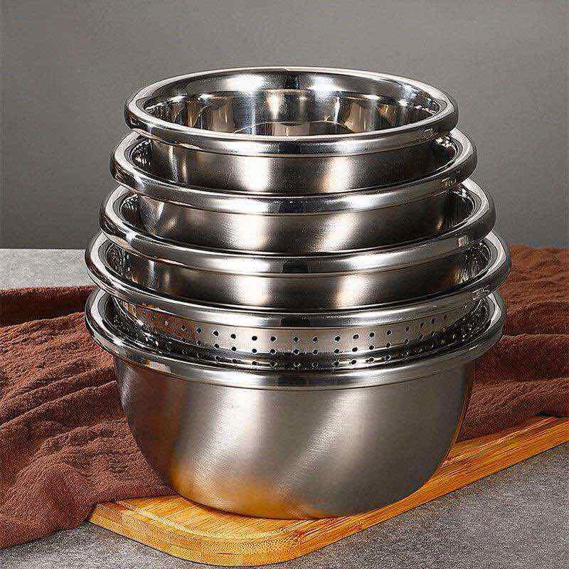 Bộ 5 tô chậu rổ inox 20 - 28cm (Tặng 1 khăn lau mặt)