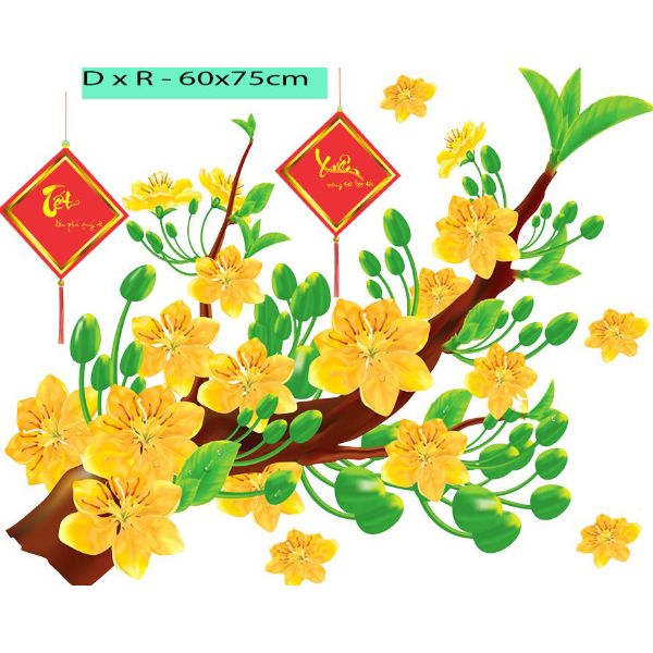 DEcal trang trí tết cành mai vàng - có sẵn keo - decal dán kính trang trí tết PK 628