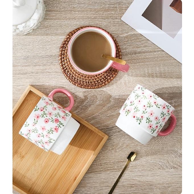 Cốc sứ uống trà, cốc cafe 400ml in hình hoa dễ thương