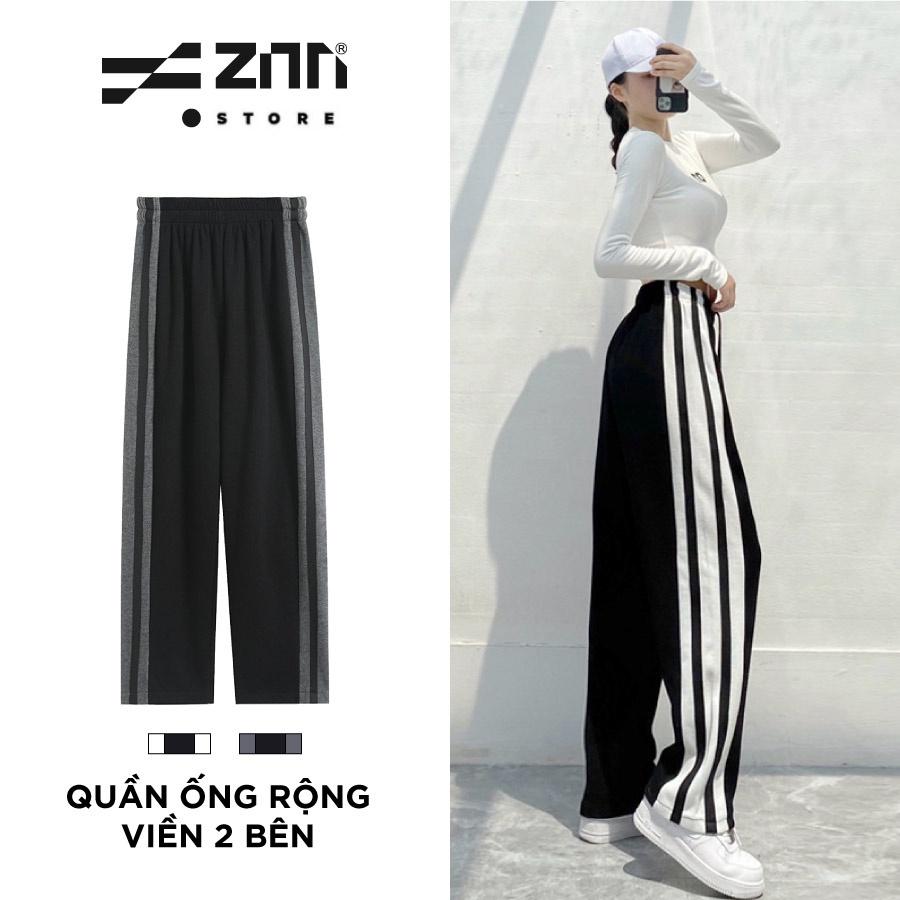 Quần Ống Rộng Nữ Zinti Cạp Thun Culottes Chất Poly Viền Kẻ To 2 Bên Họa Tiết Trơn Đen Viền Trắng QD37