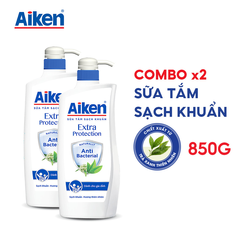 Aiken Combo 2 Sữa Tắm Sạch Khuẩn Chiết Xuất Trà Xanh Thiên Nhiên 850g/Chai
