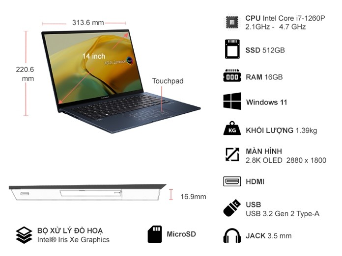 Laptop Asus Zenbook i7-1260P/16GB/512GB/Win11 UX3402ZA-KM221W