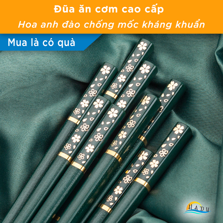 [5 Đôi] Đũa Ăn Cơm Kháng Khuẩn Cao Cấp Sợi Thủy Tinh Khảm Hoa Anh Đào Kiểu Nhật Bản Sang Trọng HADU