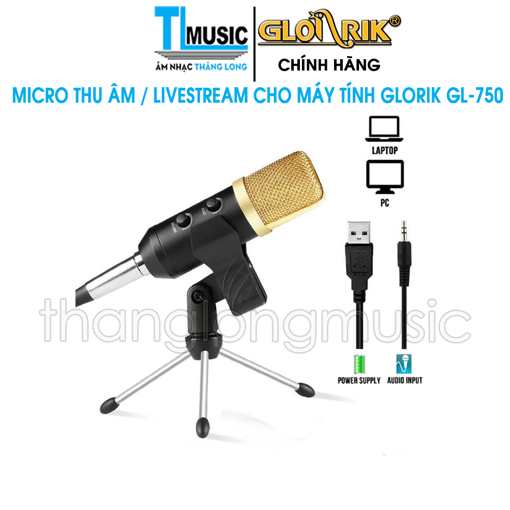 Micro USB Glosrik GL750 - Mic thu âm, livestream, chat voice, karaoke đa năng (Đi kèm chân đế, đầu bịt) - màu vàng