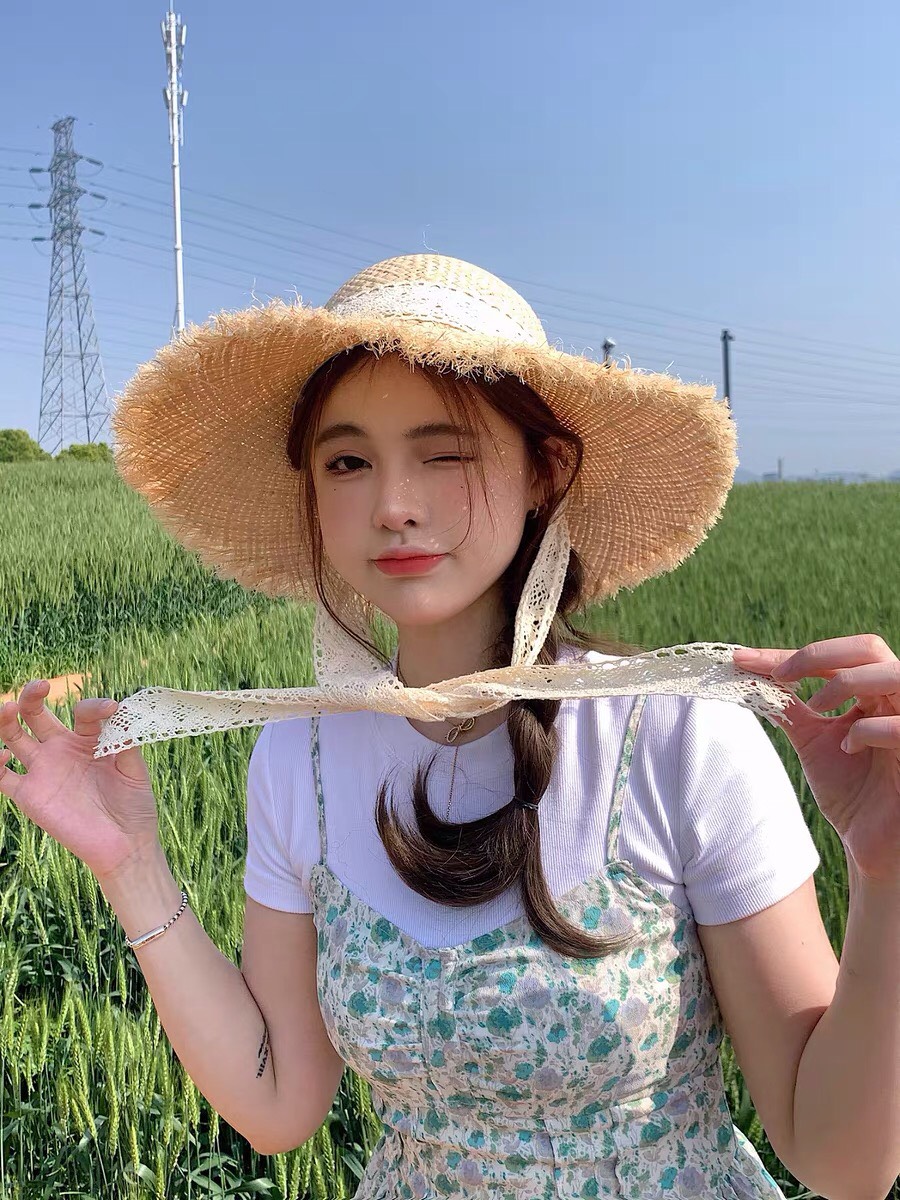 Nón cói rơm dây nơ ren vành xước vintage