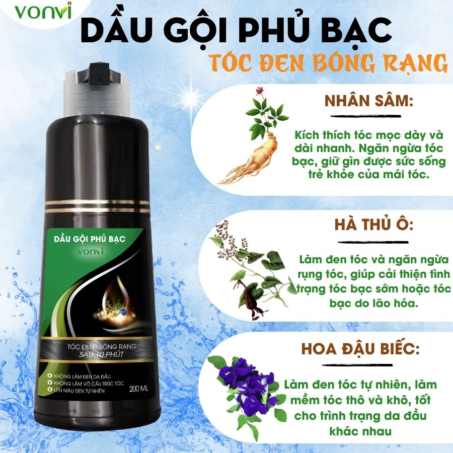 Dầu gội đen tóc VONVI tóc đen tự nhiên sau 10 phút tự phủ bạc dạng chai ấn 200 ml