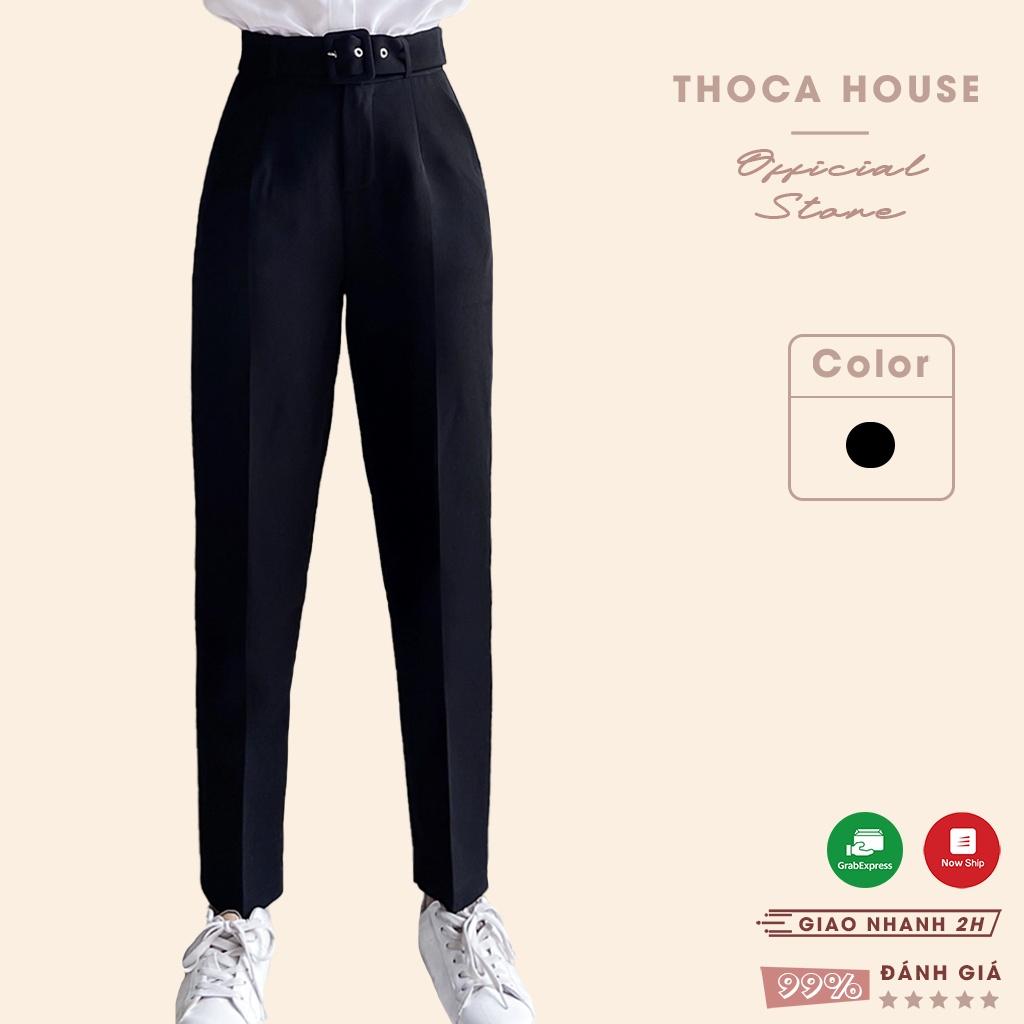 Quần baggy nữ công sở trơn đen cạp cao kèm thắt lưng THOCA HOUSE có size, chuẩn form chuyên nghiệp