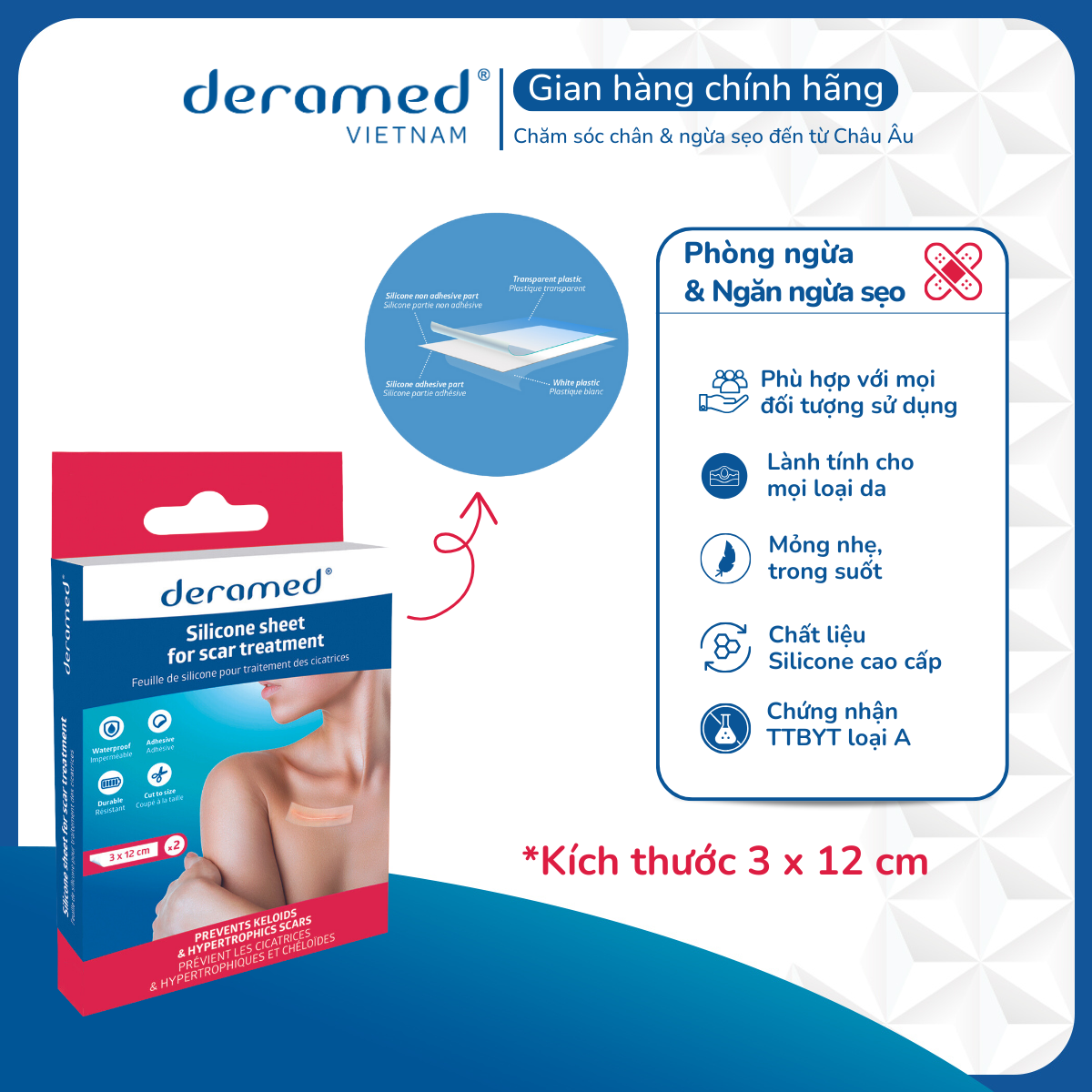 MIẾNG SILICONE NGỪA VÀ LÀM MỜ SẸO LỒI, SẸO PHÌ ĐẠI DERAMED - CÔNG NGHỆ MỜ SẸO MỚI, HIỆU QUẢ VÀ AN TOÀN - 2 MIẾNG 3x12CM - SẢN XUẤT TẠI TÂY BAN NHA