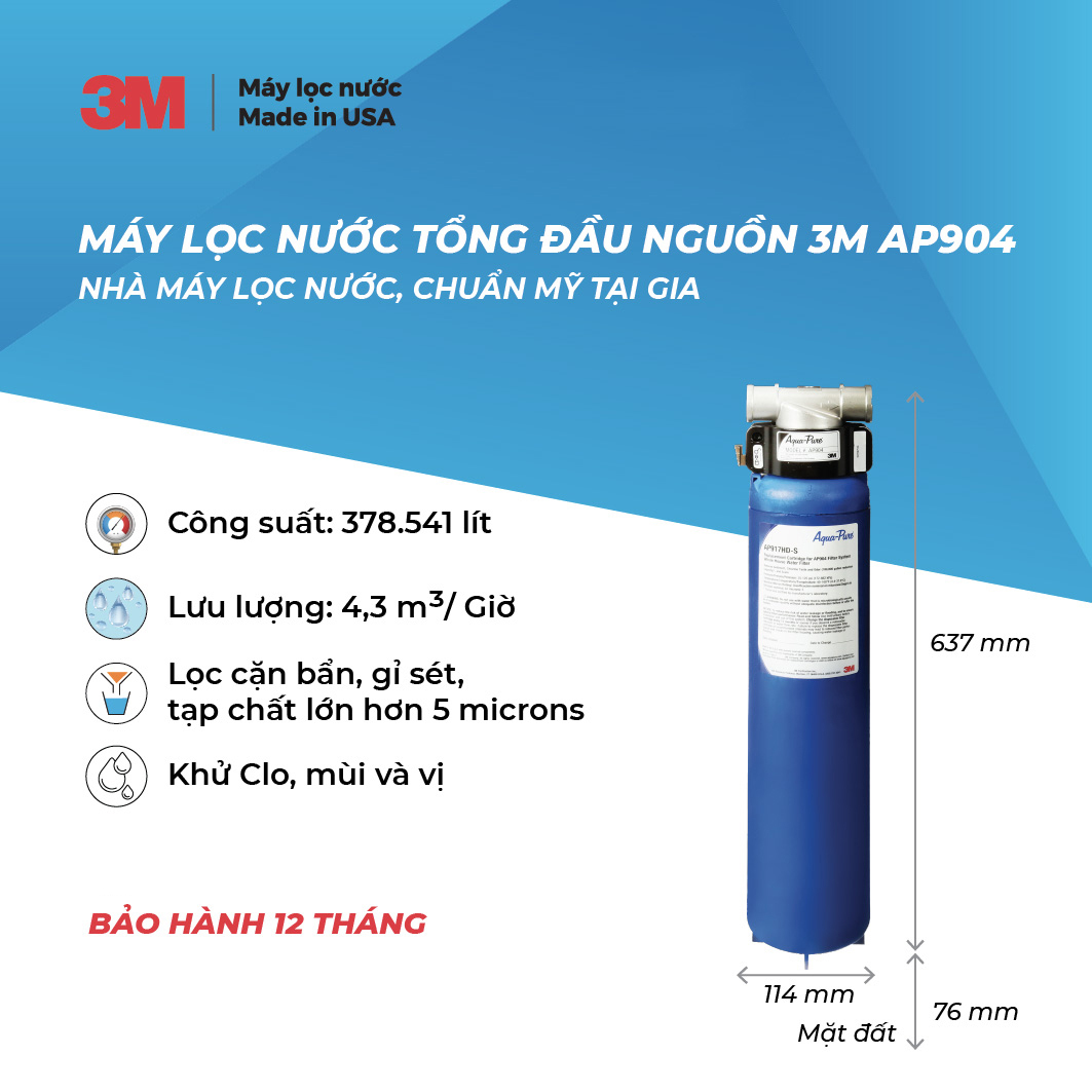 Máy Lọc Nước Tổng 3M PREMIUM AP904 Gấp Đôi Khả Năng Xử Lý Cặn Bẩn, Nước Sạch Sinh Hoạt Chuẩn Mỹ - Nhập Khẩu Mỹ, Hàng Chính Hãng 3M