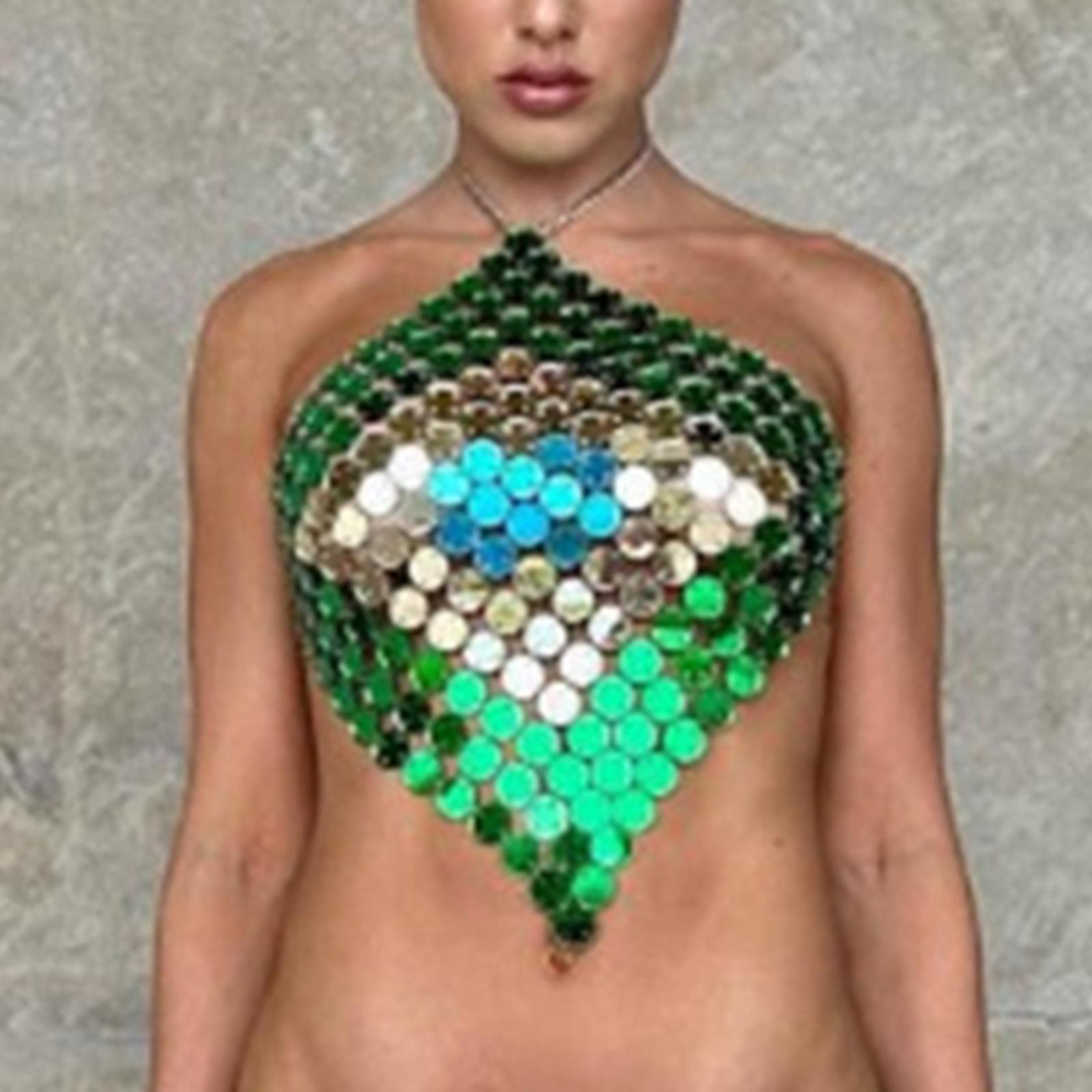 Sequins Crop Top Crop Halter Top Costume Body Jewelry Belly Chain Sleeveless Camisole Cami Top Glitter Bra Tops for Club Rave Festival Party