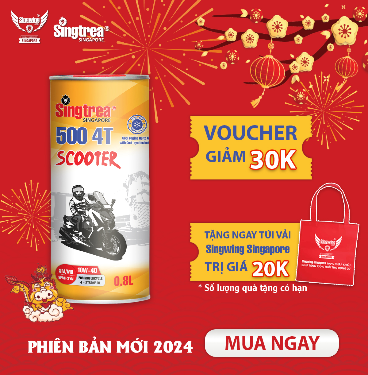 [PHIÊN BẢN TẾT 2024] - Nhớt xe máy Singtrea 500 Scooter 4T 10W40 Lon 0.8L