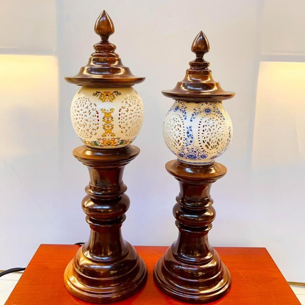 Đèn thờ gỗ bình sứ cao cấp RỒNG VIỆT, đèn trang trí ban thờ thần tài, ban thờ gia tiên